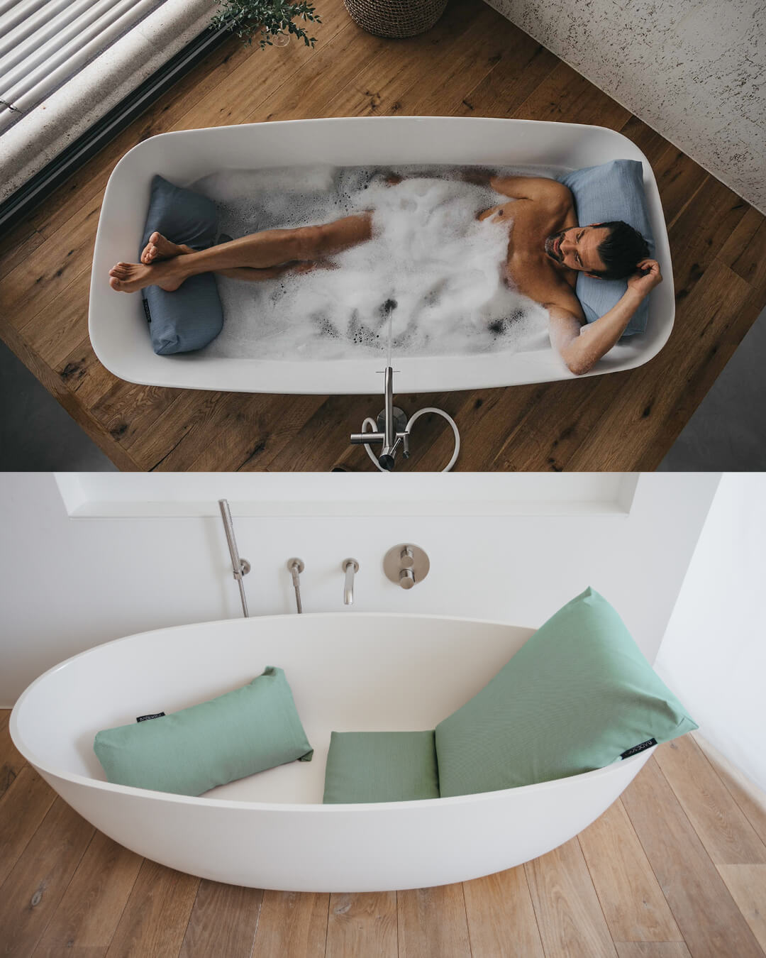 Badesofa dreier Set: Mann badet mit Rückenkissen (Large), Sitzkissen und Fusskissen in luxuriöser freistehender Badewanne. Rücken, Kopf, Gesäß und Füsse ruhen entspannt auf Badesofas (Farbe Sky oder Hellblau) und Badewanne ohne Wasser mit Fusskissen, Sitzkissen und Rückenkissen. & Badesofa Set of 3 | Rücken-, Fuss-, Sitzkissen
